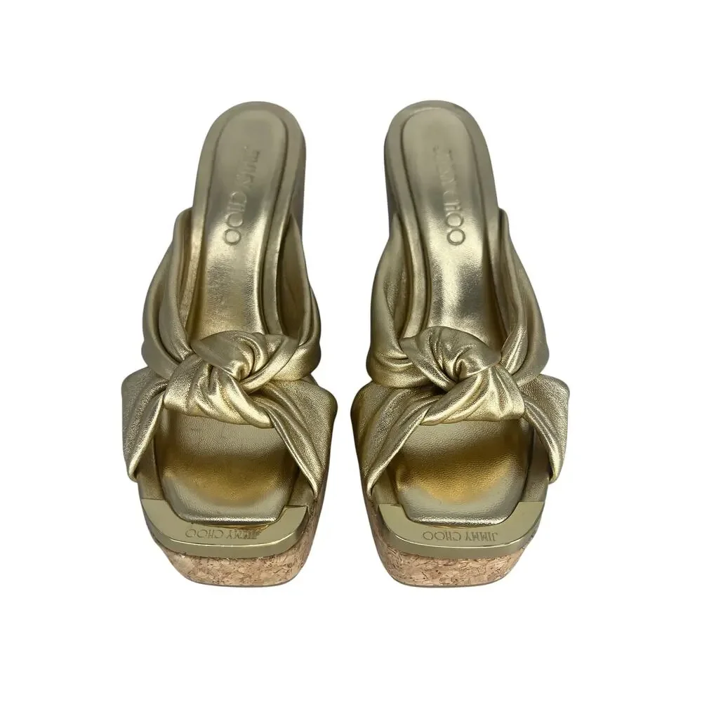 Jimmy Choo Avenue‎ Metallic Leather Cork Wedge Sandals Gold 37